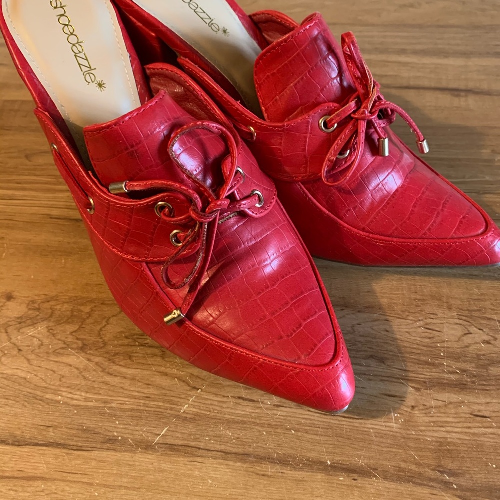Red imitation croc heeled mules